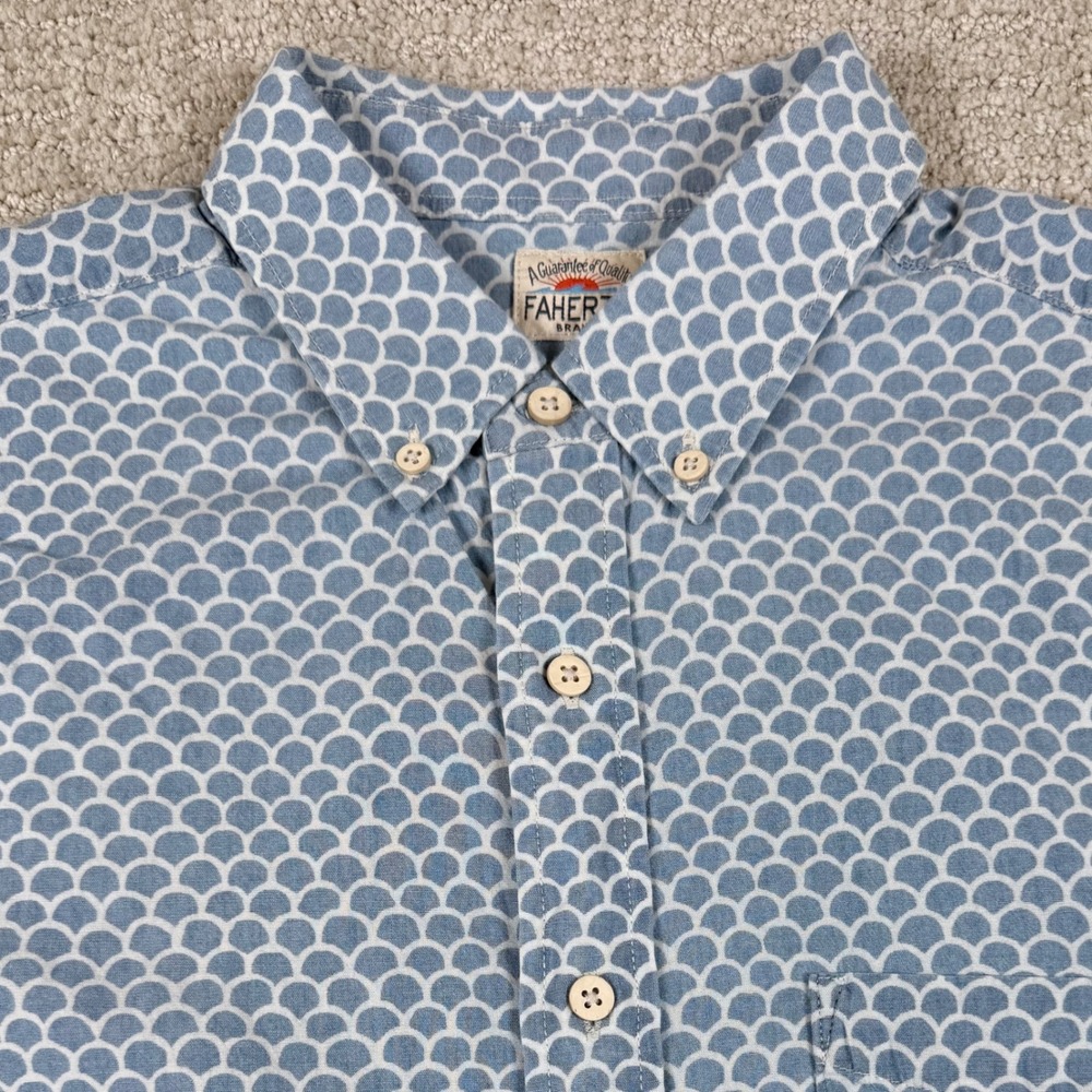 Faherty Mens Medium Blue Indigo Scallop Print Short Sleeve Button Down Shirt